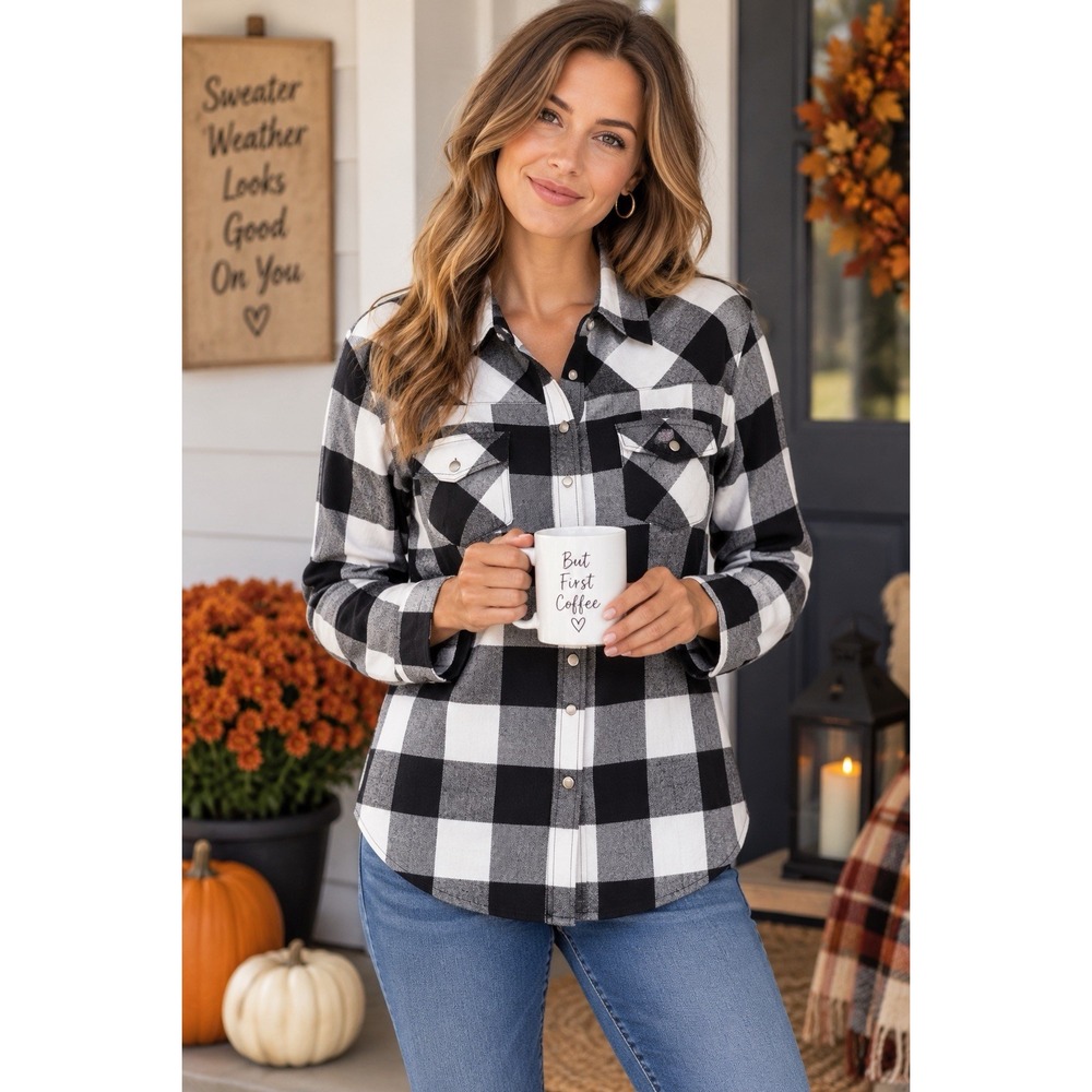 Urban Groove Womens M Buffalo Plaid Flannel Shirt Black White Western Snap